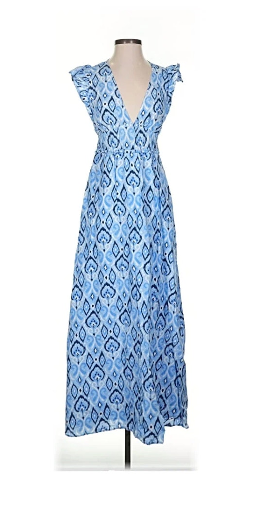 Nwt Sail To Sable Maxi Dress Blue Print Ruffle Sleeve Smocked Waist Large